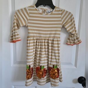Rare Editions Girls Fall Dress Tan White Stripe Sequin Pumpkin Size 5